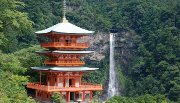 Three story pagoda and Nachi falls in Kumano